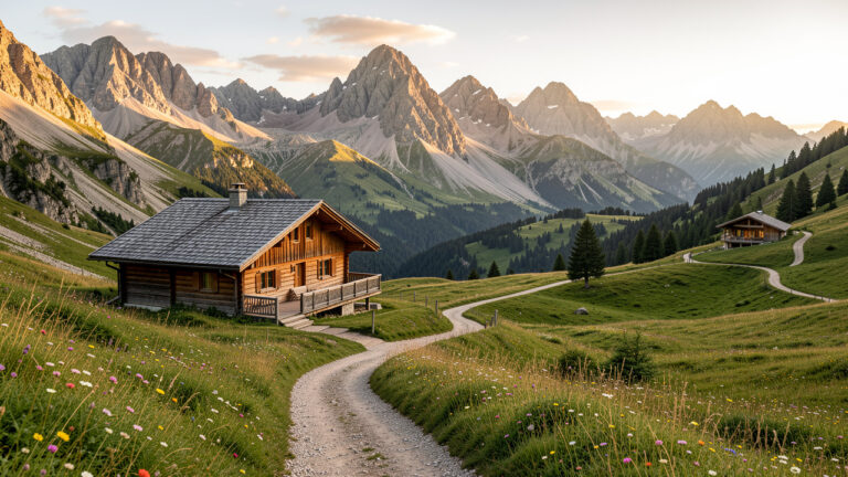 Paysage du Mont-Dore avec un chalet en bois, des sentiers de randonnée et les reliefs verdoyants du massif du Sancy au coucher du soleil.