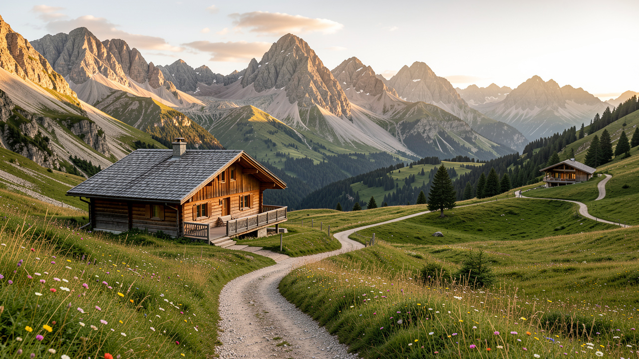 Paysage du Mont-Dore avec un chalet en bois, des sentiers de randonnée et les reliefs verdoyants du massif du Sancy au coucher du soleil.