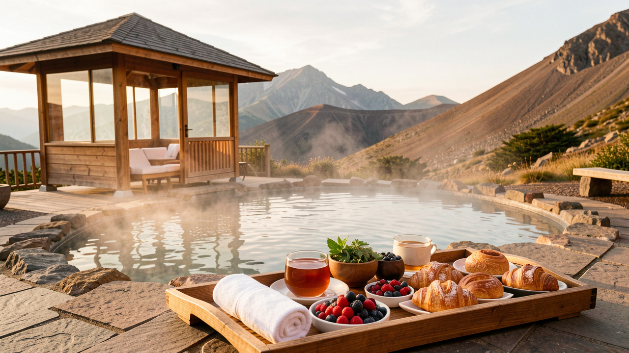 Terrasse paisible d’un spa près du Mont-Dore, avec bassin thermal fumant, pavillon en bois et plateau gourmand composé de tisane, fruits rouges et pâtisseries artisanales, face aux paysages volcaniques du Puy-de-Dôme.
