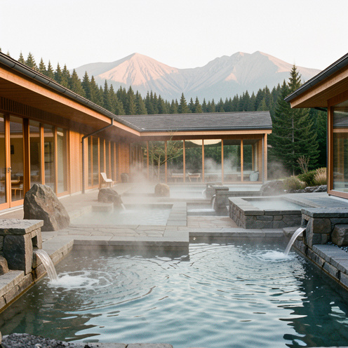 Spa thermal paisible au Mont-Dore, avec des bassins minéraux fumants entourés de pierre, de bois et de montagnes volcaniques verdoyantes.