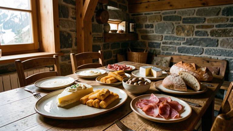 Table dressée dans un hôtel de montagne avec aligot, truffade, fromages et charcuteries auvergnates.
