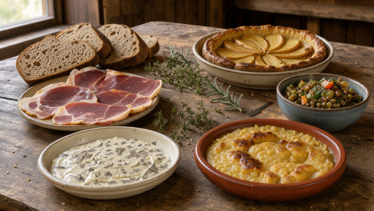 Table rustique présentant six spécialités auvergnates dans une ambiance chaleureuse de chalet montagnard.