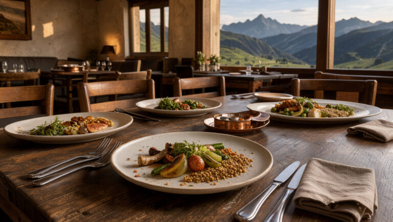 Table gastronomique élégamment dressée dans un restaurant du Sancy, avec les paysages volcaniques du Puy-de-Dôme visibles à travers la fenêtre.