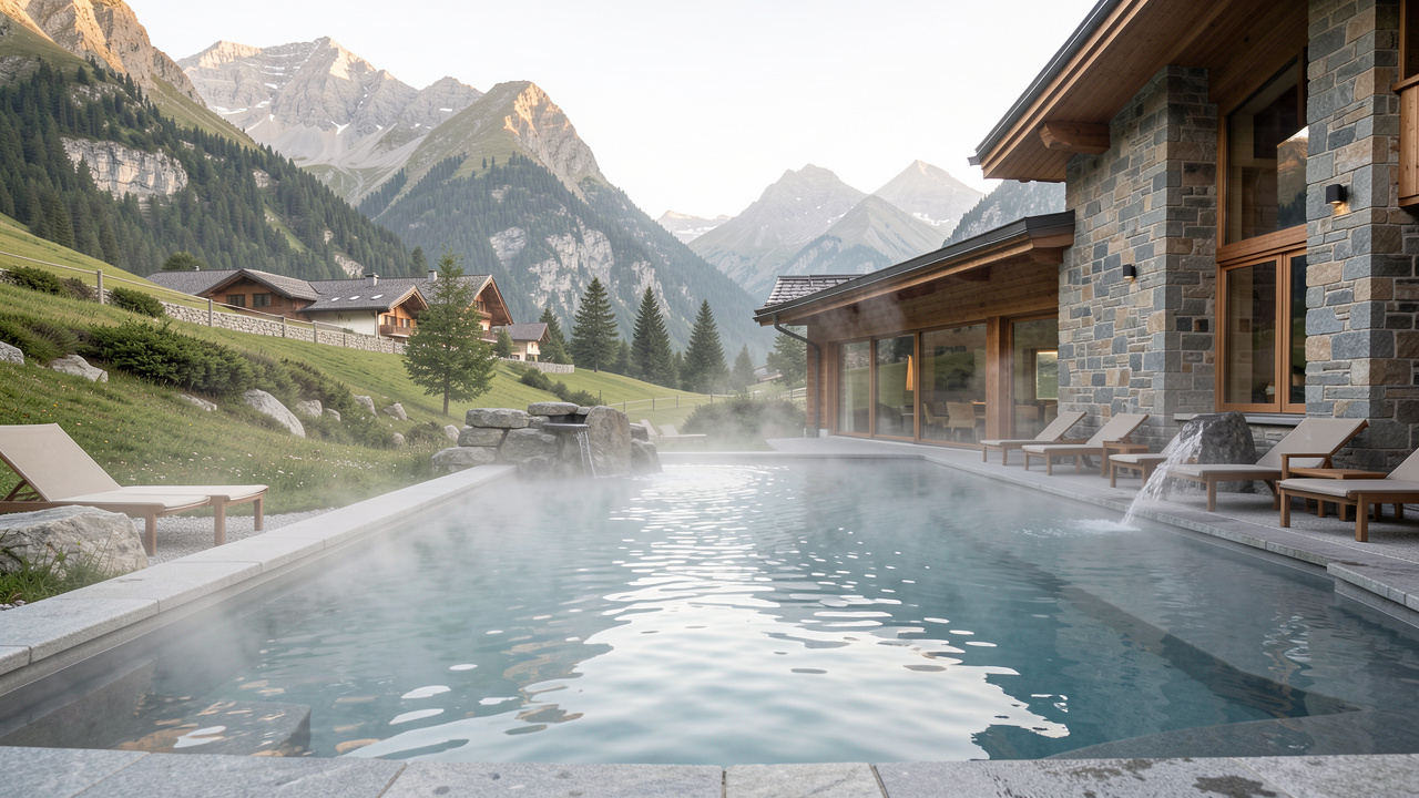 Vue paisible des thermes du Mont-Dore avec des bassins thermaux fumants, une architecture en pierre et un paysage montagneux alpin.