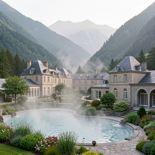 Vue extérieure des thermes du Mont-Dore, avec une architecture historique en pierre, des jardins verdoyants, de la vapeur légère et les montagnes d’Auvergne en arrière-plan.