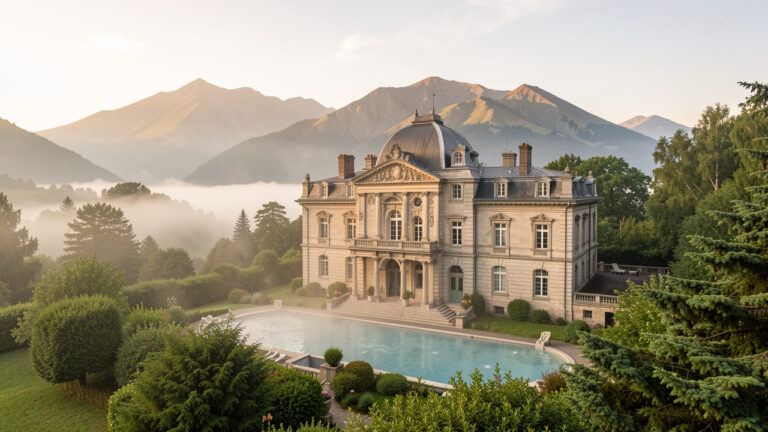 Vue extérieure des thermes historiques du Mont-Dore, entourés de verdure avec les paysages du massif du Sancy en arrière-plan.